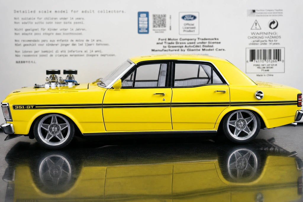 AutoArt فورد 1971 فالكون XY GTHO ستريت ماشين فلوريسنت أصفر 1:18 – نموذج معدني قابل للجمع مصبوب.