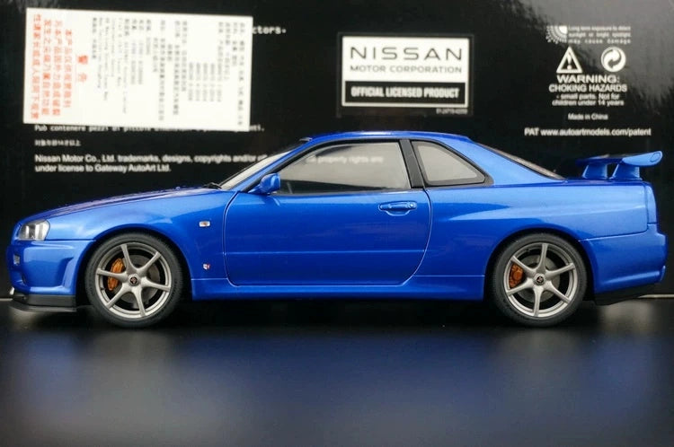 AutoArt Nissan 2000 Skyline GT-R R34 V-Spec II Blue 1:18 – نموذج معدني قابل للجمع مصبوب، مصبوب.