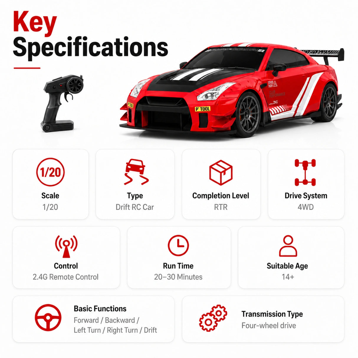 1:20 Nissan GT-R Drift 4WD RTR samochód RC