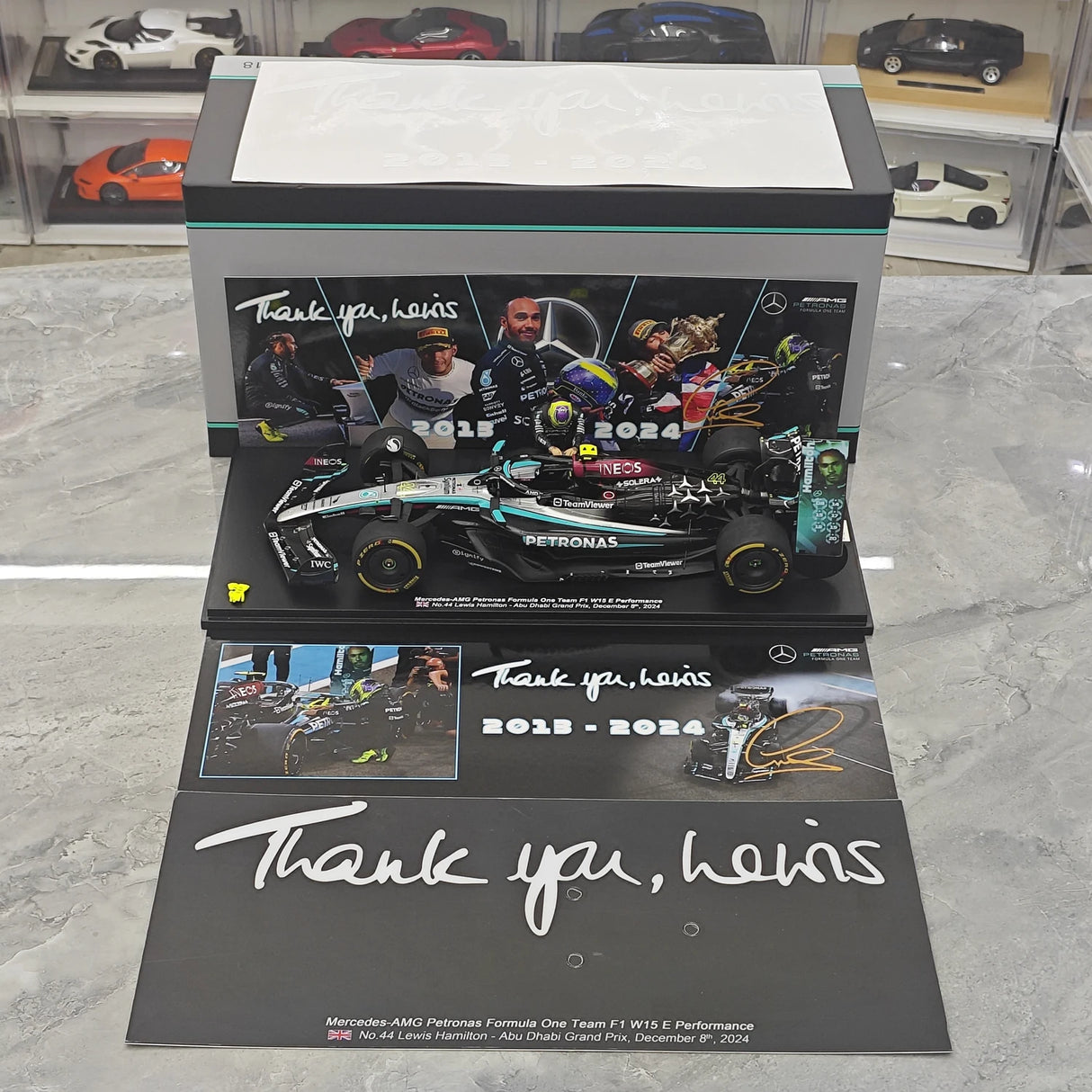 1:18 Mercedes–AMG 2024 F1 W15 E Performance #44 Abu Dhabi GP Lewis Hamilton F1 Harzmodellauto von Spark – siehe 14