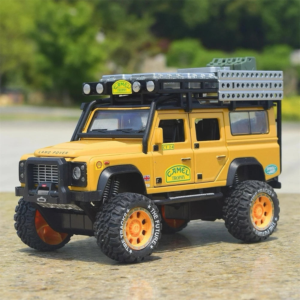 Land Rover 1998 Defender 110 كاميل تروفي الأصفر 1:28 – نموذج عرض مصبوب، مصبوب.
