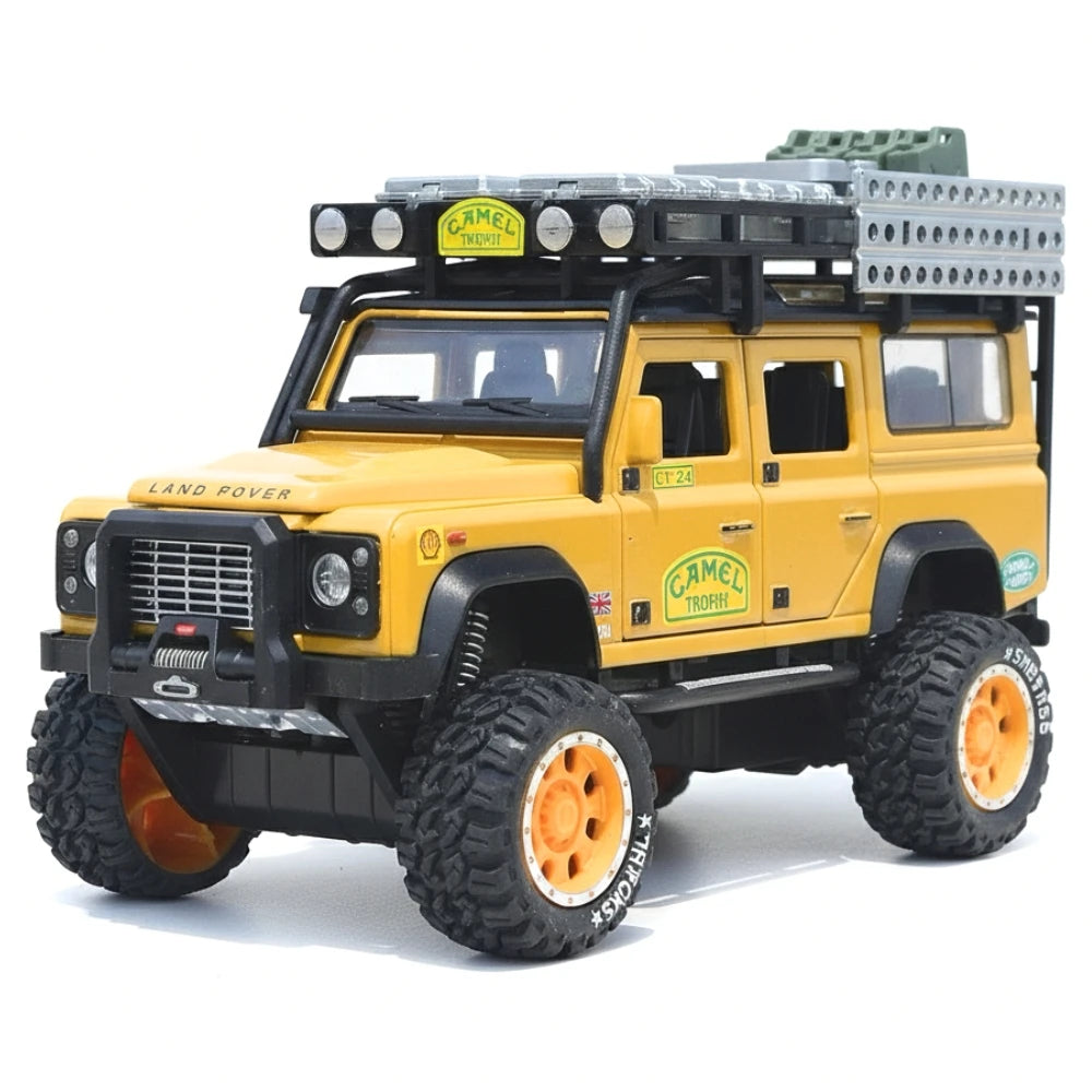 Land Rover 1998 Defender 110 كاميل تروفي الأصفر 1:28 – نموذج عرض مصبوب، مصبوب.