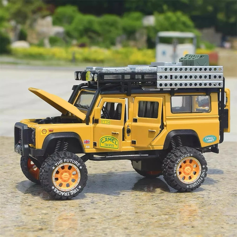 Land Rover 1998 Defender 110 كاميل تروفي الأصفر 1:28 – نموذج عرض مصبوب، مصبوب.