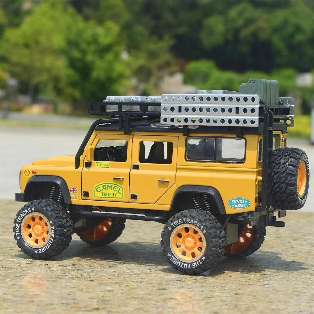 Land Rover 1998 Defender 110 كاميل تروفي الأصفر 1:28 – نموذج عرض مصبوب، مصبوب.