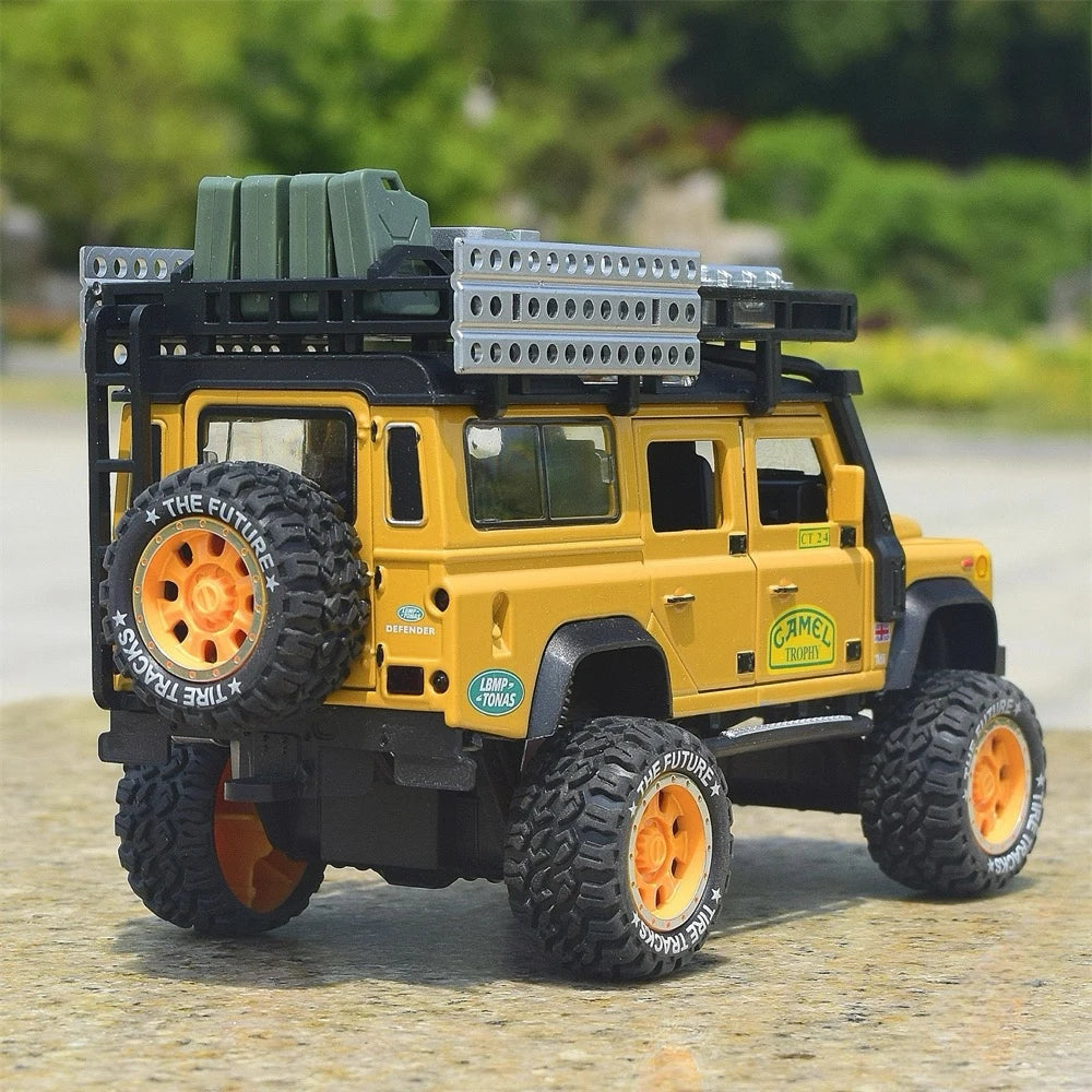 Land Rover 1998 Defender 110 كاميل تروفي الأصفر 1:28 – نموذج عرض مصبوب، مصبوب.
