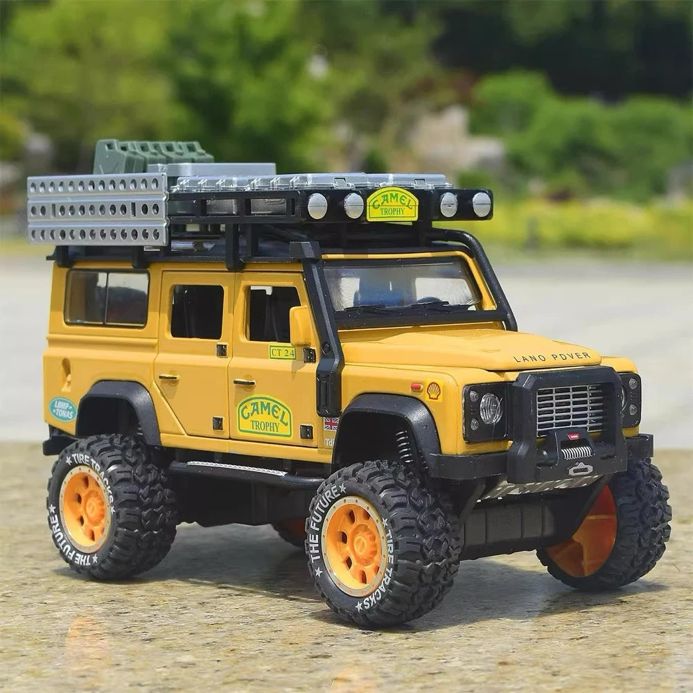 Land Rover 1998 Defender 110 كاميل تروفي الأصفر 1:28 – نموذج عرض مصبوب، مصبوب.