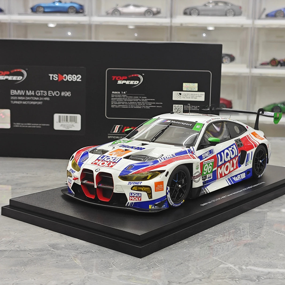 BMW 2025 M4 GT3 EVO Turner Motorsport #96 1:18 IMSA Daytona 24 Hrs Resin-Sammlermodell von Top Speed – siehe 15