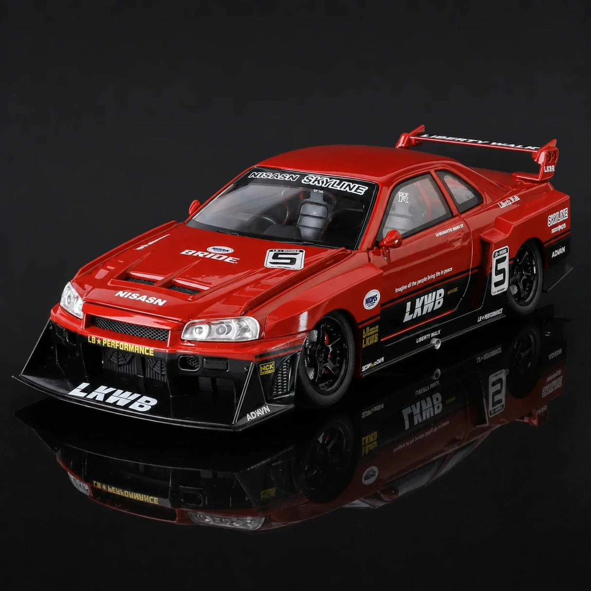 Nissan 1999 Skyline GT-R R34 LBWK Rode #5 1:24 gietbeeldmodel - weergave 1