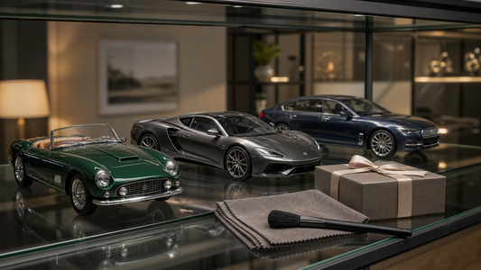 Collector-grade 1:18 model car gift guide - premium display cabinet scene