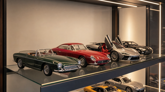 Premium 1:18 collector model cars displayed in a glass cabinet with warm LED lighting (display setup guide cover)