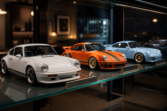 Premium display-style cover image for a collector guide to 1:18 Porsche model cars