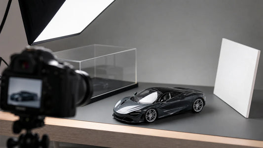 Premium 1:18 model car photography setup with soft light