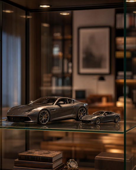 1:18 vs 1:43 scale model cars size comparison in a premium display cabinet
