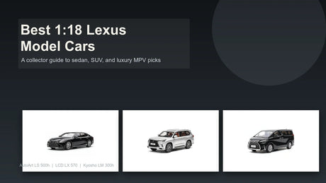 Editorial cover for best 1:18 Lexus model cars collector guide featuring AutoArt LS 500h, LCD LX 570, and Kyosho LM 300h