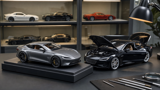 Two premium 1:18 collector model cars comparing sealed resin display style and diecast opening detail