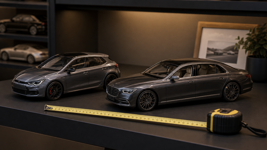 Voitures miniatures 1/18 exposees avec un metre ruban pour comparer la taille en centimetres