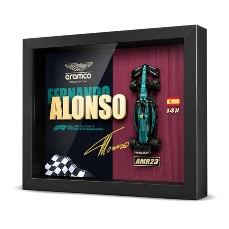 Aston Martin 2023 F1 Fernando Alonso AMR23 Exhibición de coches modelo enmarcados Exposición de coches en miniatura enmarcada