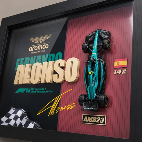 Aston Martin 2023 F1 Fernando Alonso AMR23 Exhibición de coches modelo enmarcados Exposición de coches en miniatura enmarcada
