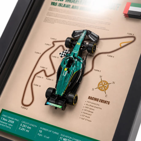 Aston Martin 2025 Abu Dabi GP Fernando Alonso AMR25 Exposición de coches en miniatura enmarcada