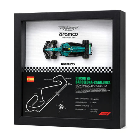 Aston Martin 2025 F1 Fernando Alonso AMR25 Mapa del Circuito Exposición de coches en miniatura enmarcada Exposición de coches en miniatura