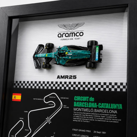 Aston Martin 2025 F1 Fernando Alonso AMR25 Mapa del Circuito Exposición de coches en miniatura enmarcada Exposición de coches en miniatura