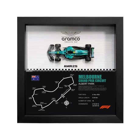 Aston Martin 2025 F1 Fernando Alonso AMR25 Mapa del Circuito Exposición de coches en miniatura enmarcada Exposición de coches en miniatura