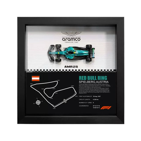 Aston Martin 2025 F1 Fernando Alonso AMR25 Mapa del Circuito Exposición de coches en miniatura enmarcada Exposición de coches en miniatura