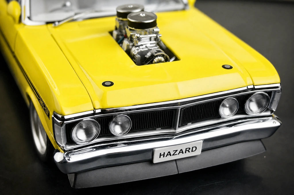 AutoArt فورد 1971 فالكون XY GTHO ستريت ماشين فلوريسنت أصفر 1:18 – نموذج معدني قابل للجمع مصبوب.