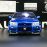AutoArt Nissan 2000 Skyline GT-R R34 V-Spec II Blue 1:18 – نموذج معدني قابل للجمع مصبوب، مصبوب.