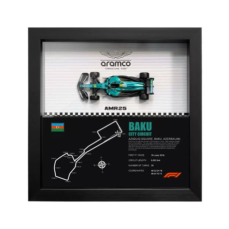 Aston Martin 2025 F1 Fernando Alonso AMR25 Mapa del Circuito Exposición de coches en miniatura enmarcada Exposición de coches en miniatura