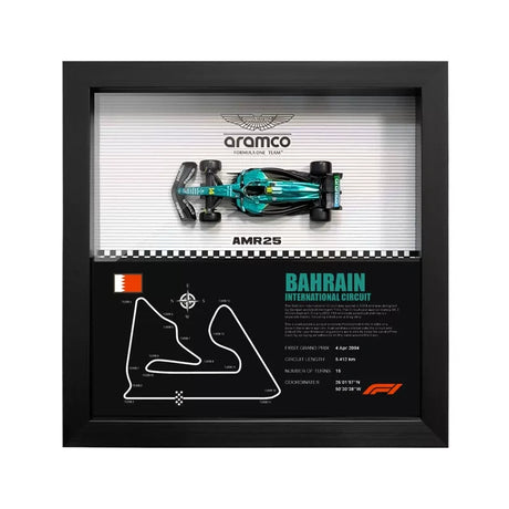 Aston Martin 2025 F1 Fernando Alonso AMR25 Mapa del Circuito Exposición de coches en miniatura enmarcada Exposición de coches en miniatura