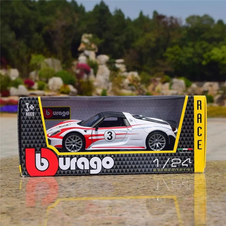 Bburago Porsche 2013 918 Spyder Weissach Package 1:24 – modelo de exposição em metal fundido