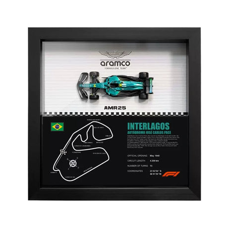 Aston Martin 2025 F1 Fernando Alonso AMR25 Mapa del Circuito Exposición de coches en miniatura enmarcada Exposición de coches en miniatura