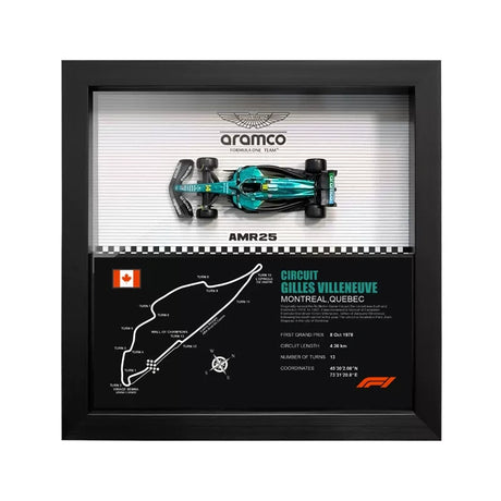 Aston Martin 2025 F1 Fernando Alonso AMR25 Mapa del Circuito Exposición de coches en miniatura enmarcada Exposición de coches en miniatura