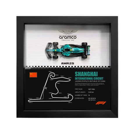 Aston Martin 2025 F1 Fernando Alonso AMR25 Mapa del Circuito Exposición de coches en miniatura enmarcada Exposición de coches en miniatura