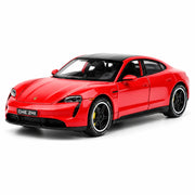 Porsche 2019 Taycan röd 1:32 – modellbil i gjuten metall för display