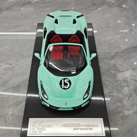 [Dino Model] 1:18 Ferrari 2018 488 Pista Spider Tiffany blå No.15 modellbil harts