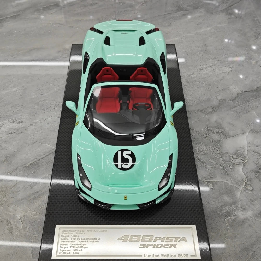 [Dino Model] 1:18 Ferrari 2018 488 Pista Spider Tiffany Blue No.15 Model Car Resin