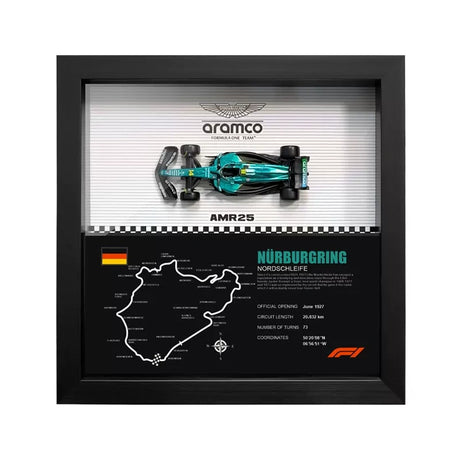 Aston Martin 2025 F1 Fernando Alonso AMR25 Mapa del Circuito Exposición de coches en miniatura enmarcada Exposición de coches en miniatura
