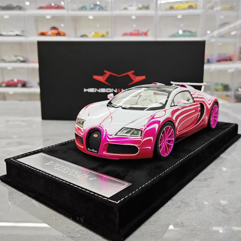 [Henson & Heaven] 1:18 Bugatti 2005 Veyron White & Pink Model Car Resin