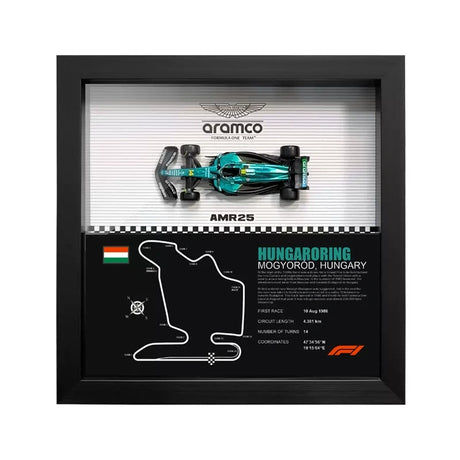 Aston Martin 2025 F1 Fernando Alonso AMR25 Mapa del Circuito Exposición de coches en miniatura enmarcada Exposición de coches en miniatura
