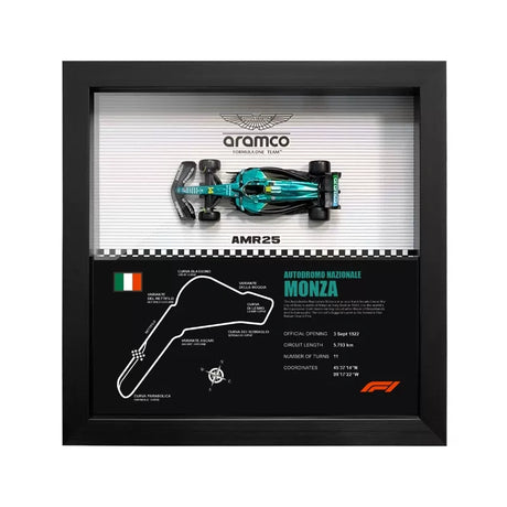 Aston Martin 2025 F1 Fernando Alonso AMR25 Mapa del Circuito Exposición de coches en miniatura enmarcada Exposición de coches en miniatura