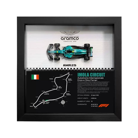 Aston Martin 2025 F1 Fernando Alonso AMR25 Mapa del Circuito Exposición de coches en miniatura enmarcada Exposición de coches en miniatura