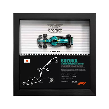 Aston Martin 2025 F1 Fernando Alonso AMR25 Mapa del Circuito Exposición de coches en miniatura enmarcada Exposición de coches en miniatura