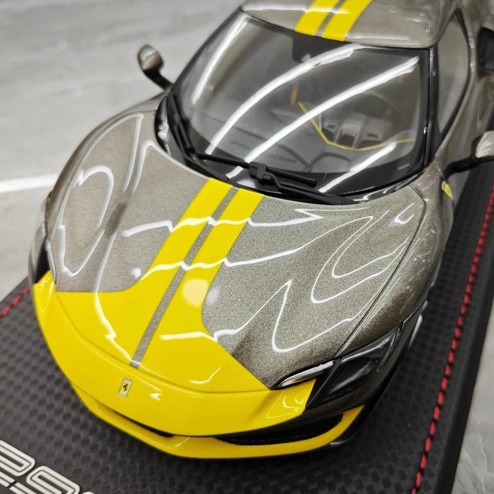 [MR Collection] 1:18 Ferrari 2021 296 GTB Racing Stripe Gray & Yellow Model Car Resin