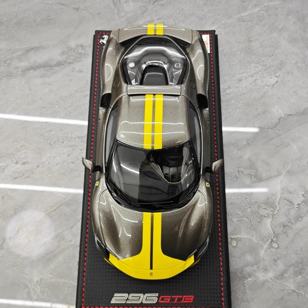 [MR Collection] 1:18 Ferrari 2021 296 GTB Racing Stripe Gray & Yellow Model Car Resin