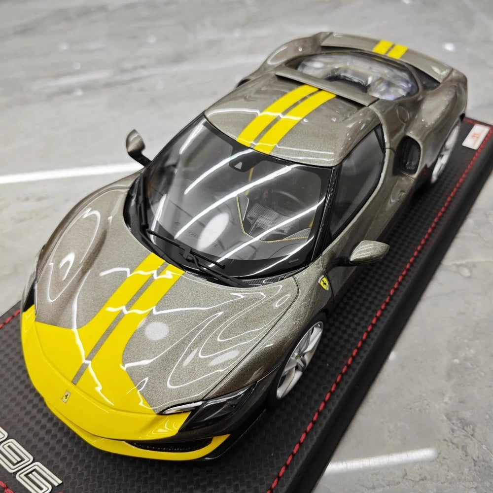 [MR Collection] 1:18 Ferrari 2021 296 GTB Racing Stripe Gray & Yellow Model Car Resin