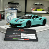 MR Colección Ferrari 2018 488 Pista Matte Tiffany Blue Racing Stripe 1:18 – Resina de Colección de Modelos de Resina (MR Collection)