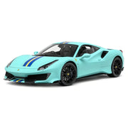 MR Collection Ferrari 2018 488 Pista Matte Tiffany azul Racing Stripe 1:18 – coche a escala de colección en resina