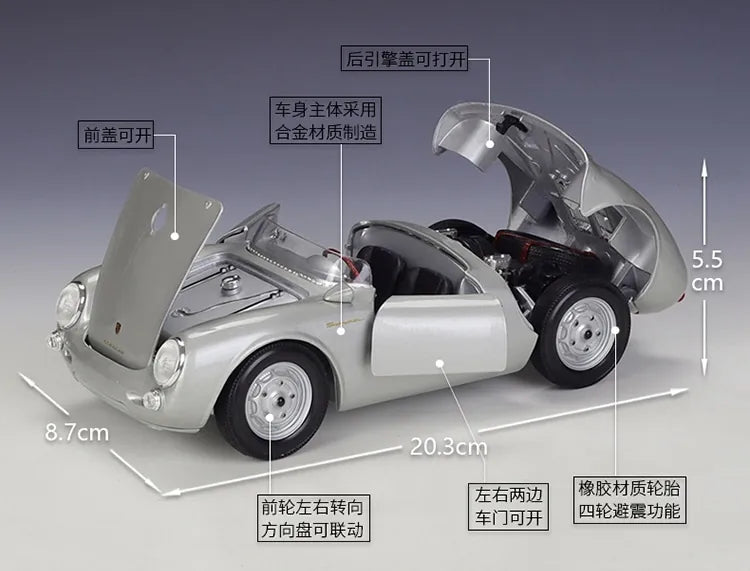 [Maisto] 1:18 Porsche 1951 550 Spyder argento modellino di auto Die-Cast